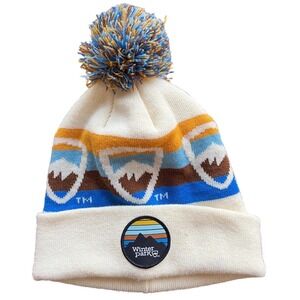 Locale Winter Park Colorado Mountain Knit Pom Beanie Hat Cream Blue Orange